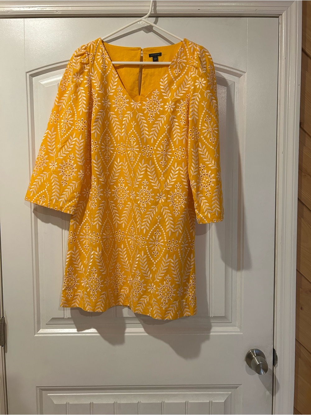 Ann Taylor Yellow/Orange Embroidered V-Neck Midi Dress